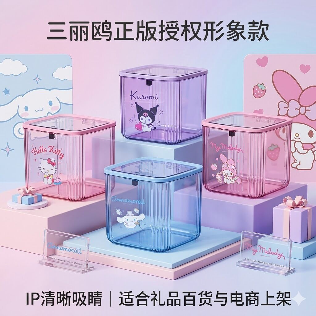 三丽鸥防水有盖收纳垃圾桶室内桌面简约收纳盒情绪垃圾桶正版授权