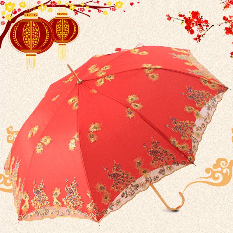 婚庆用品结婚用红雨伞新娘伞出门出嫁蕾丝边刺绣长柄复古中式红伞