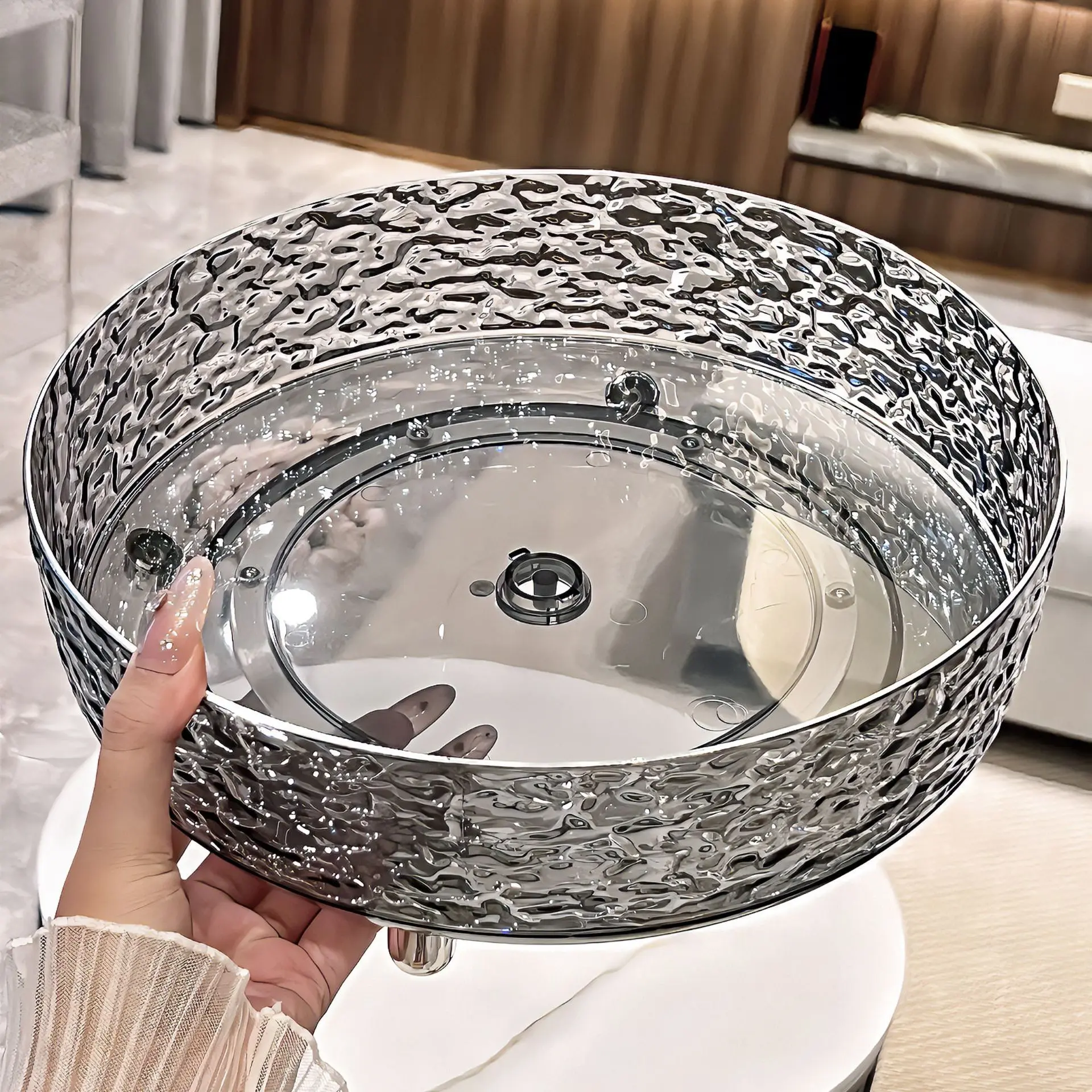 水波纹大号透明旋转盘波纹轻奢水果盘大全家用客厅茶几塑料零食盘