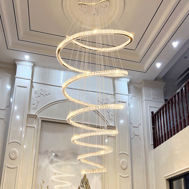 现代轻奢挑空别墅复式楼水晶客厅A大吊灯中空楼梯灯长挑高loft公