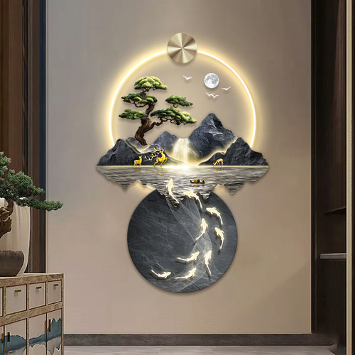 流水生财新中式i玄关装饰画九鱼图山水入户对门壁画灯走廊过道挂