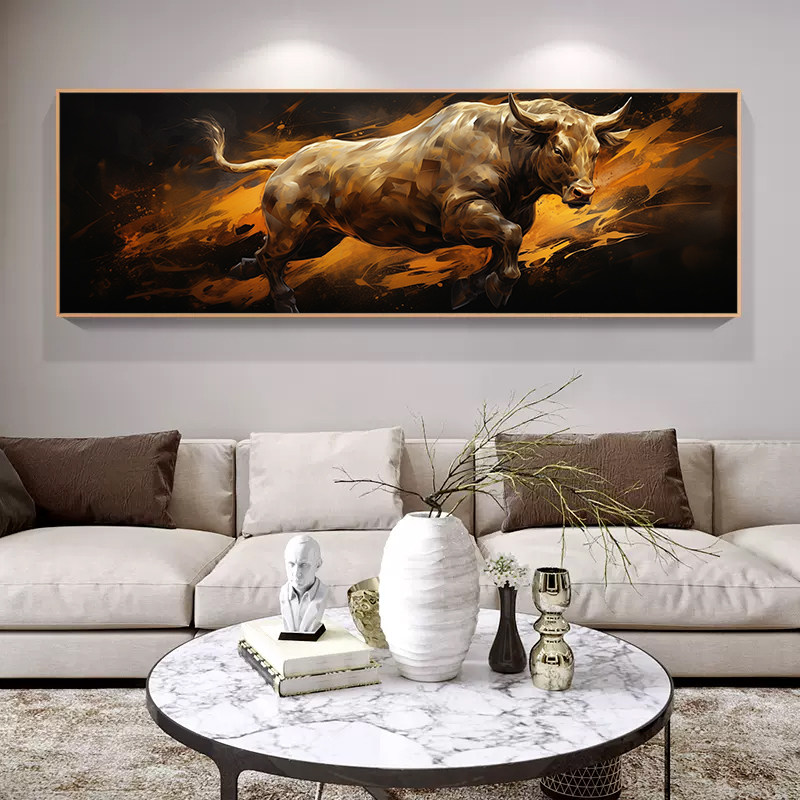 牛气冲天装饰画新中式金牛画茶室书房办公室背景墙壁X挂画股市长,家居饰品,现代装饰画,淘宝优惠券,粉丝福利购,淘宝优惠卷