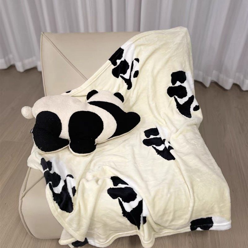 潮流家居熊猫嘭嘭抱枕毯子二合一法兰绒暖香毯车T载车内靠枕午睡