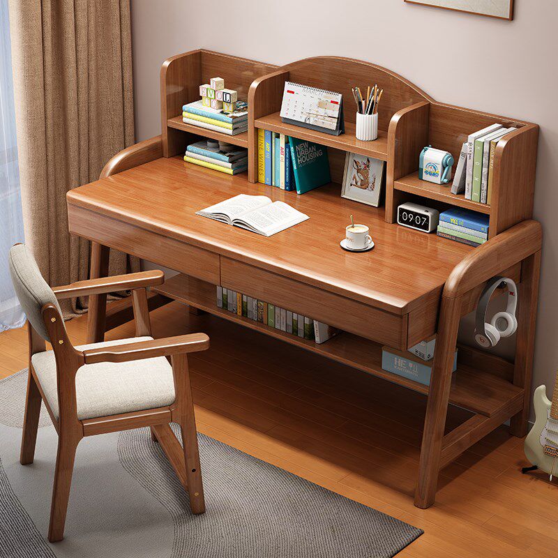 儿童学习桌椅小学生书桌写字桌家用简约课桌实木可升X降书架一体