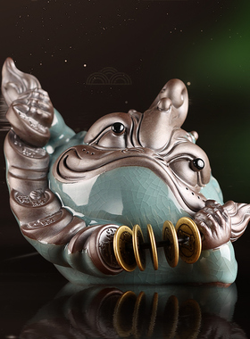 中式大号招财金蟾摆件哥窑紫砂茶宠可养三足蟾蜍T家居办公桌装饰