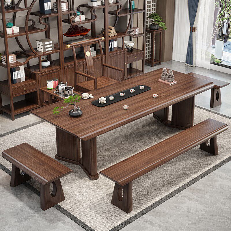 乌金木实木大板茶桌椅组合办公家用茶几新中M式沙发两用罗汉床茶