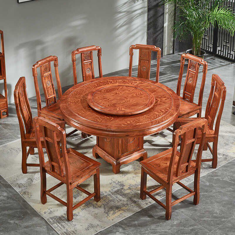 红木餐桌椅组合刺猬紫檀花梨木圆台全实木M家具中式吃饭桌通板圆
