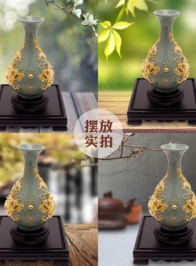双龙玉壶春哥窑瓶 漆线雕花瓶新中式家居陶瓷Q工艺品摆件厦门特产
