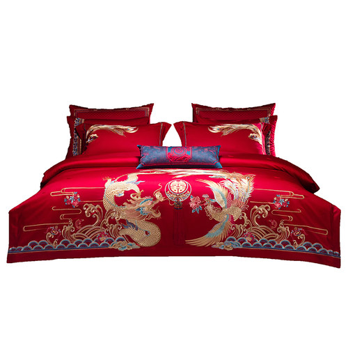 奢华婚庆高端龙凤刺绣结婚四件套红色F喜被全棉陪嫁牀上用品十件
