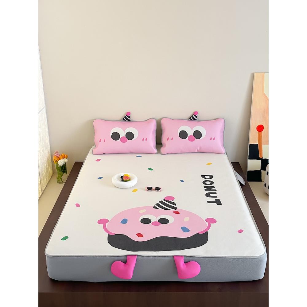 卡通甜甜圈冰丝垫三件套900D夏季空调软垫床单，可洗可折叠