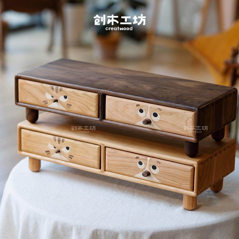 猫狗双全显示器增高架/实木电脑架底座办公桌面收纳键盘整理架