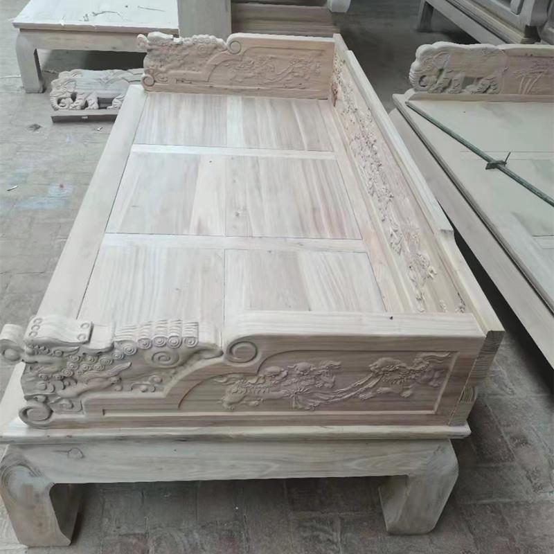 中式实木象头罗汉床白茬白胚白坯雕花免漆北老榆木沙发床榻罗汉榻