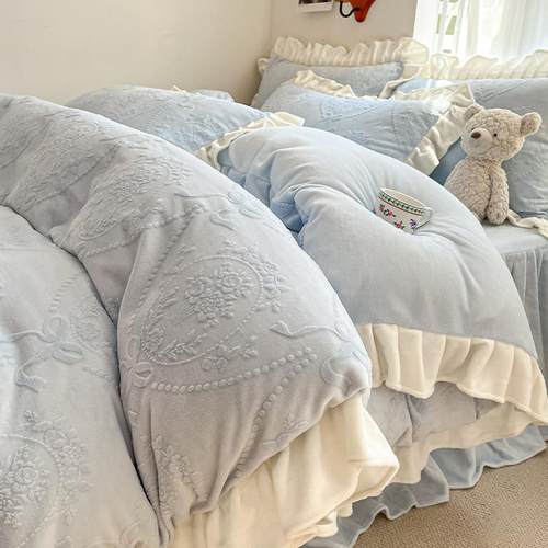 秋冬季公主风雕花牛奶绒床上四件套珊瑚绒床品双面绒被套加绒床单