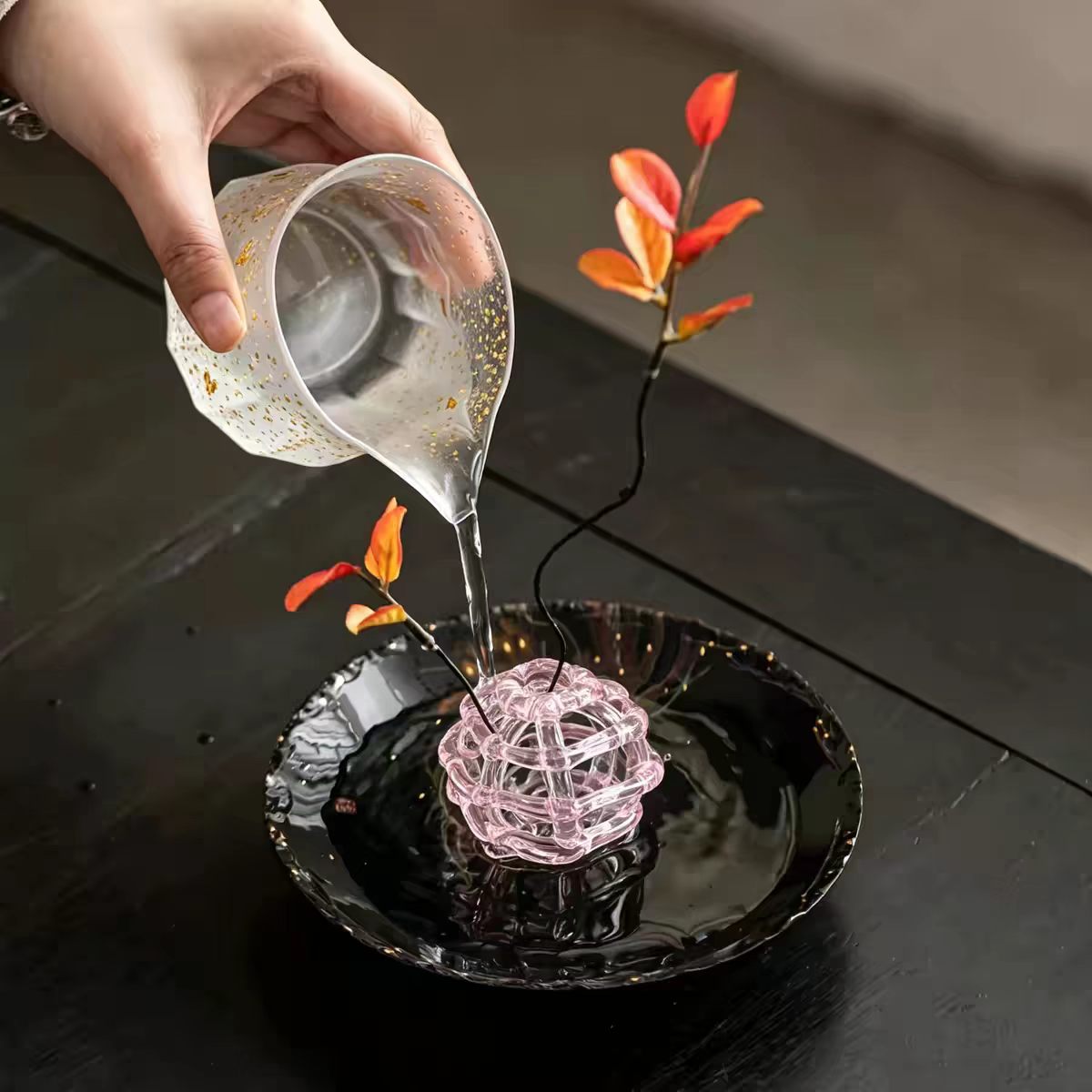 粉色花插玻璃球玻璃剑山禅意花器