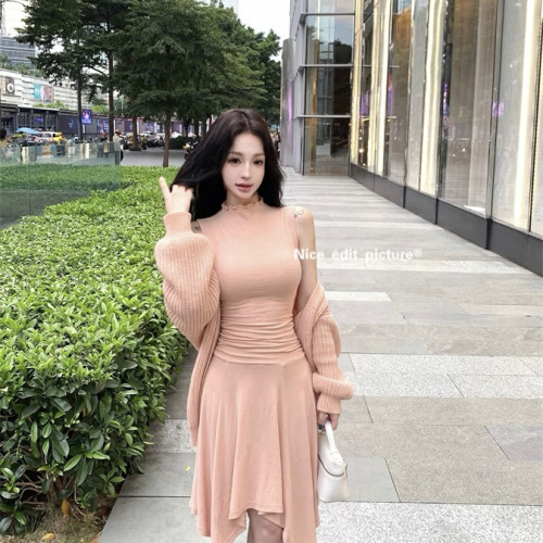 韩系纯欲无袖半高领背心+不规则垂感半身裙两件套套装(不含开衫)