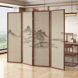 实木移动折叠屏风隔断办公室入口茶室会客厅群山环抱山水画 新中式
