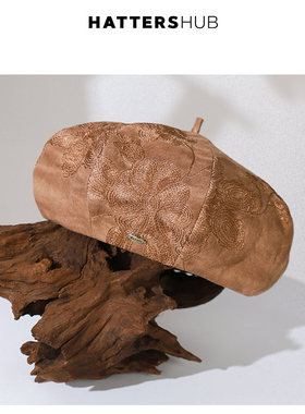 KEYONE2025新款复古柿染苎麻八角帽轻薄透气刺绣贝雷帽日系画家帽