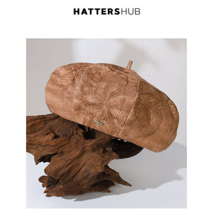 KEYONE2025新款复古柿染苎麻八角帽轻薄透气刺绣贝雷帽日系画家帽