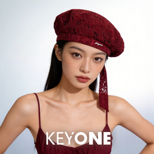 KEYONE蕾丝贝雷帽女秋冬复古文艺蝴蝶结显脸小帽子桑蚕丝飘带款