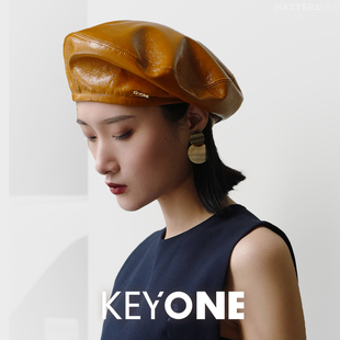 KEYONE2025新款PU皮质贝雷帽女英伦复古画家帽百搭显脸小八角帽