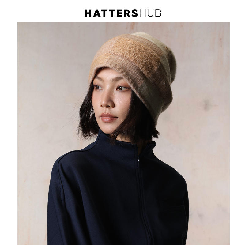 KEYONE复古小众风针织格纹冷帽女秋冬显脸小卷边堆堆帽帽子含羊毛