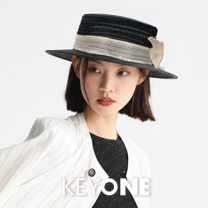 KEYONE平顶草帽女春夏轻奢草编礼帽出游度假帽子防紫外线防晒帽