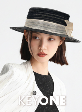 KEYONE平顶草帽女春夏轻奢草编礼帽出游度假帽子防紫外线防晒帽