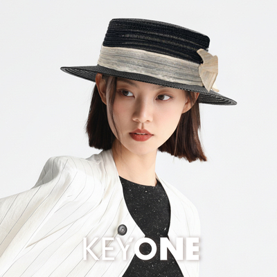 KEYONE平顶草帽女春夏轻奢草编礼帽出游度假帽子防紫外线防晒帽