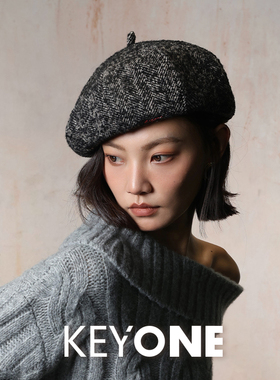 KEYONE复古百搭人字纹八角贝雷帽女秋冬羊毛混纺显脸小帽子