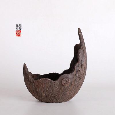 『弯月枯木』暖暖花器紫砂手工仿木花盆底部无孔有孔绿植苔藓造景