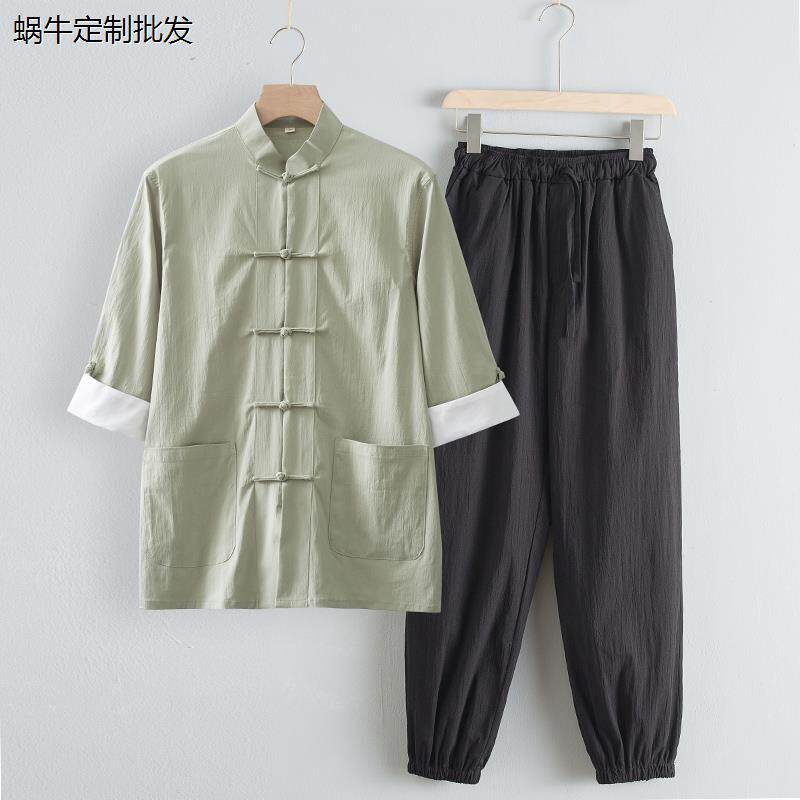 中式唐装男女同款夏季薄款中国风居士禅修打坐汉茶服t恤短袖套装