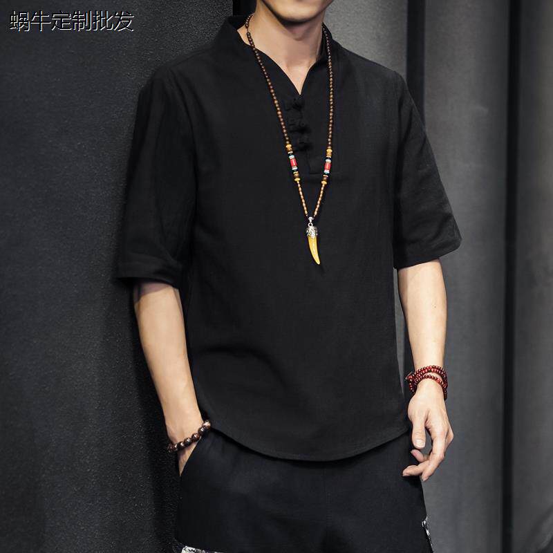 t恤短袖男夏季棉麻居士服