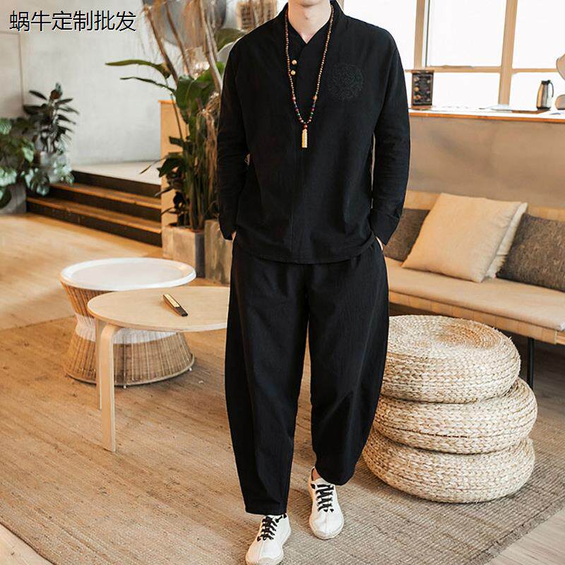 亚麻长袖t恤男士春秋季大