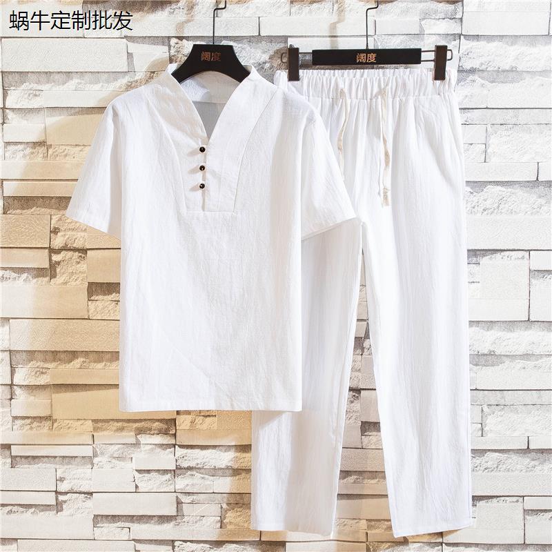 中国风夏季棉麻套装男短