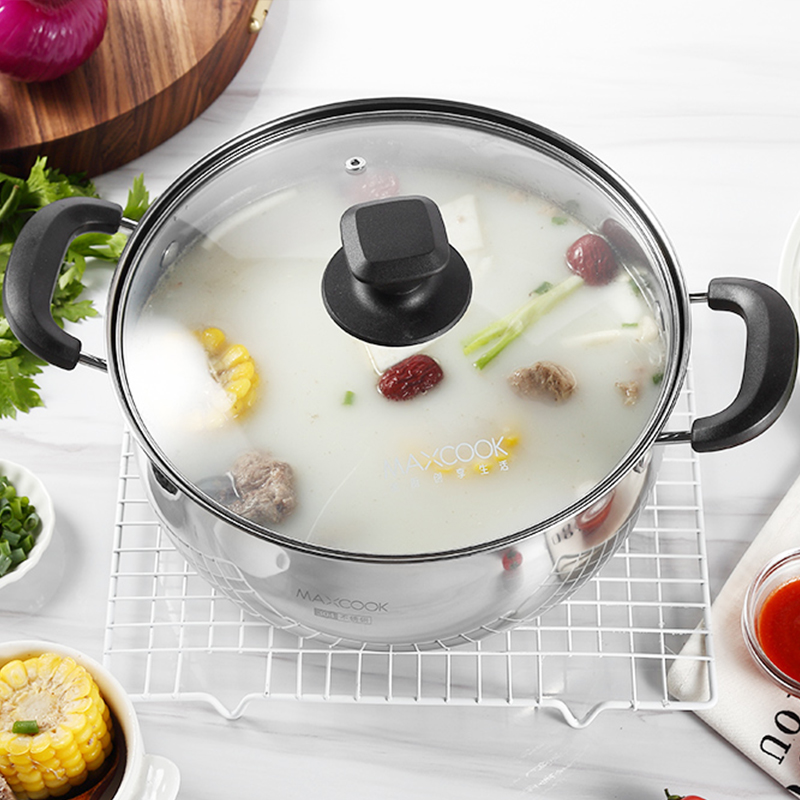 美厨 家用汤锅304不锈钢复底炖锅不粘双耳锅电磁炉燃气灶通用20cm