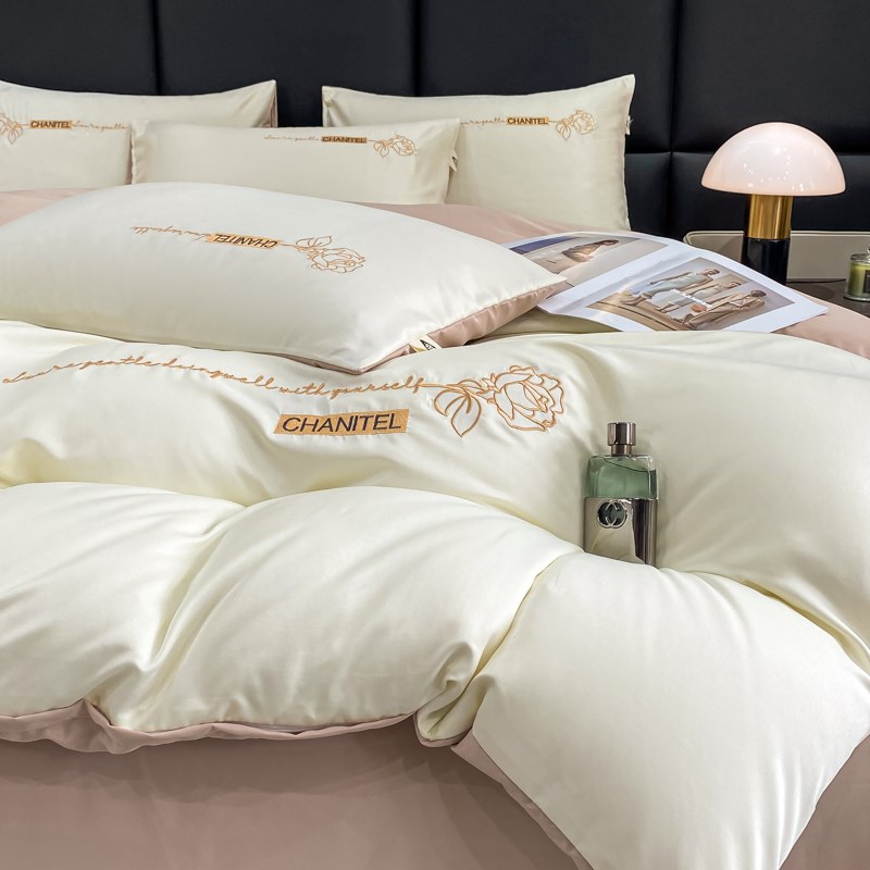 轻奢高级感床单被套四件套水洗棉床笠被罩亲肤刺绣三件套床上用品