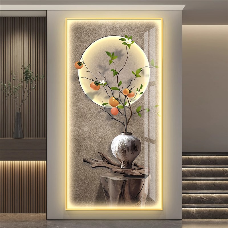 新中式led带灯入户玄关装饰画中古风走廊过道挂画高级感竖版壁画