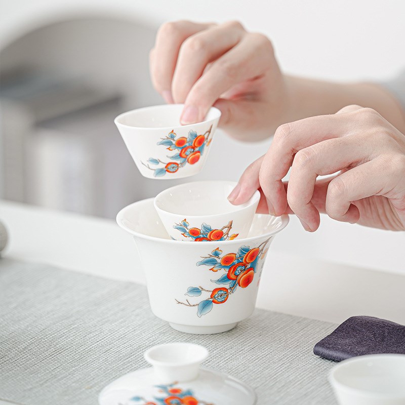 羊脂玉盖碗旅行茶具套装一碗三杯轻奢简约车载便携式商务活动礼品