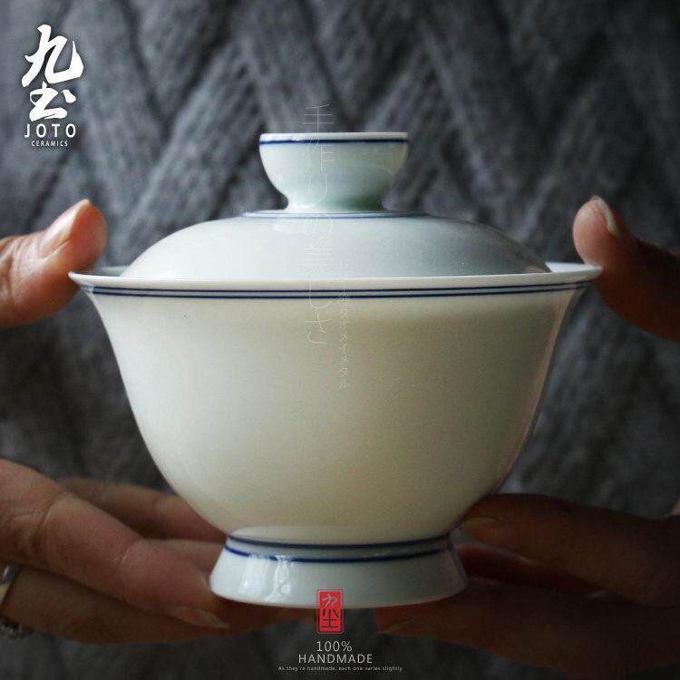 手工盖碗复古青花瓷白盖碗功夫盖碗茶碗具陶瓷手绘茶碗