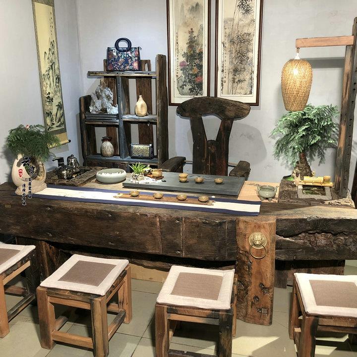 明清古典老船木茶桌椅组合实木家具功夫泡茶台仿古中式茶几