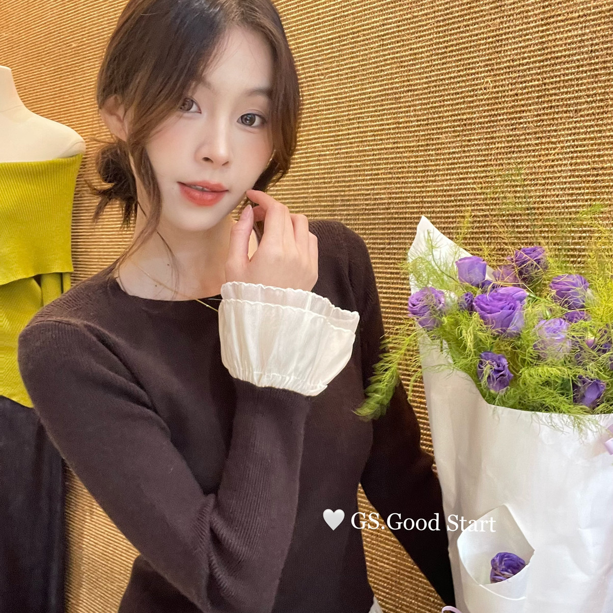 GS.GOOD START-hot秋气质浪漫法式小香风网纱拼接打底针织衫G7370