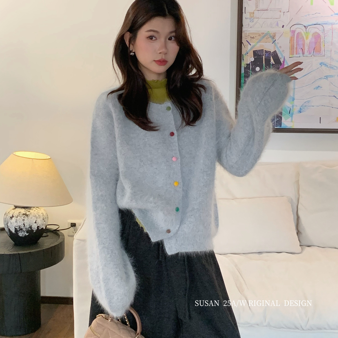 SUSAN-彩色冬日简韩彩扣多巴胺色系毛衣(含37兔毛)928s