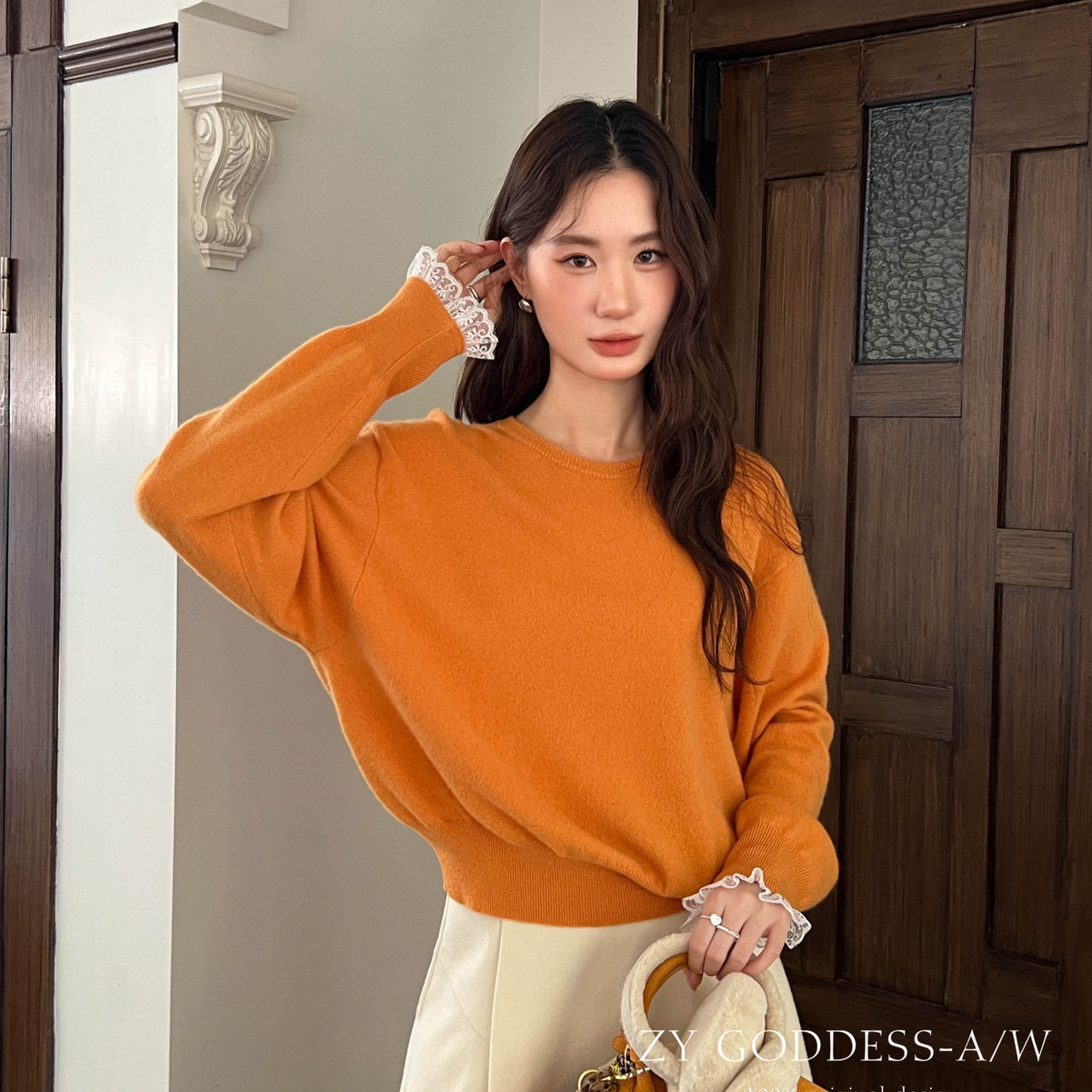 ZY GODDESS-糯叽叽全羊毛拼接蕾丝袖口保暖毛衣（含100羊毛）zyC9