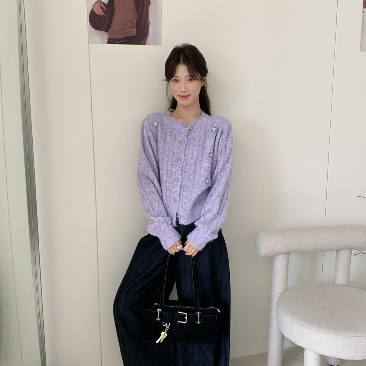 SUSAN-都补臃肿比拿开衫韩系温柔五角花朵钩花毛衣(含6羊毛)532s