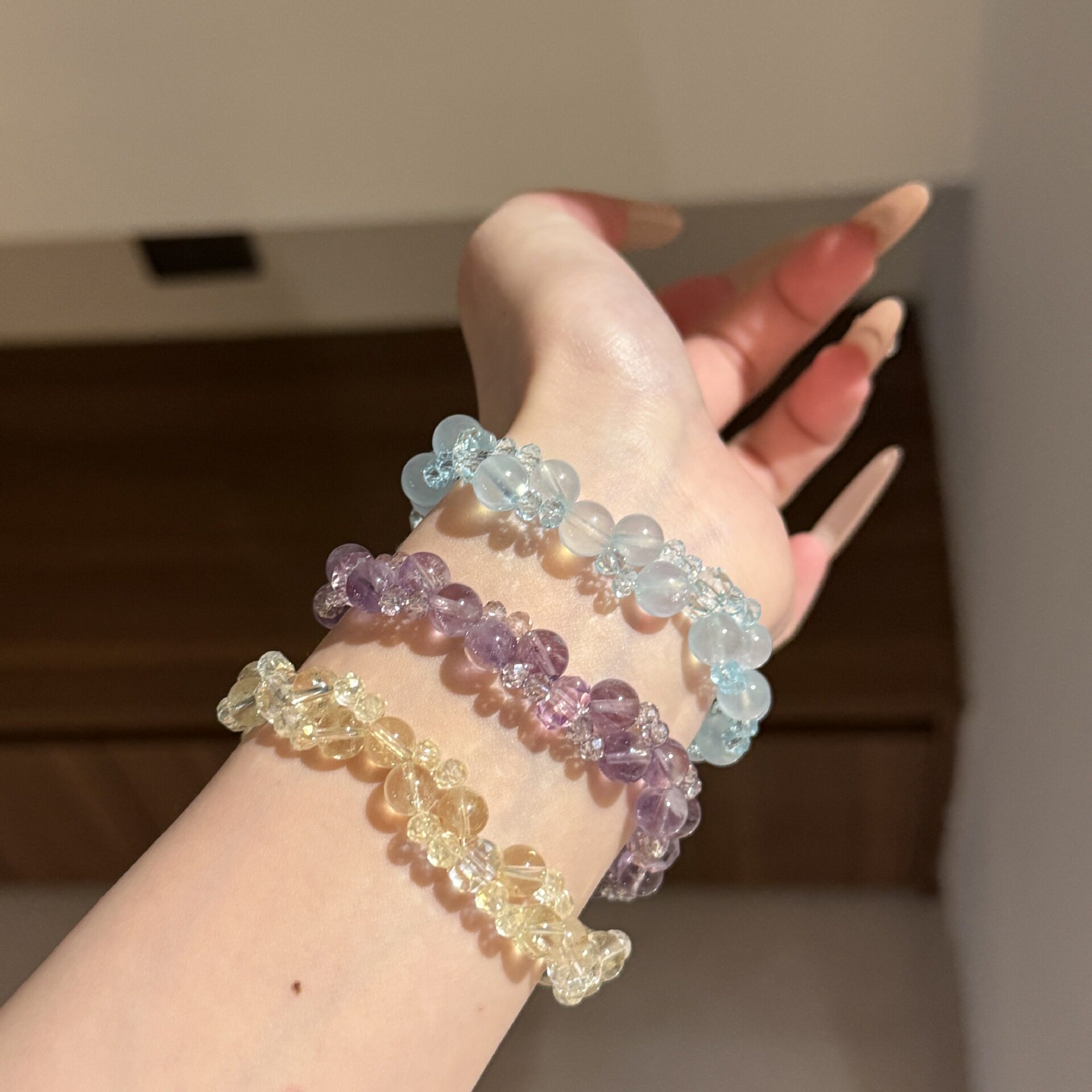 天然海蓝宝紫水晶柠檬晶不规则切面珠手链小众设计款时尚精致手串
