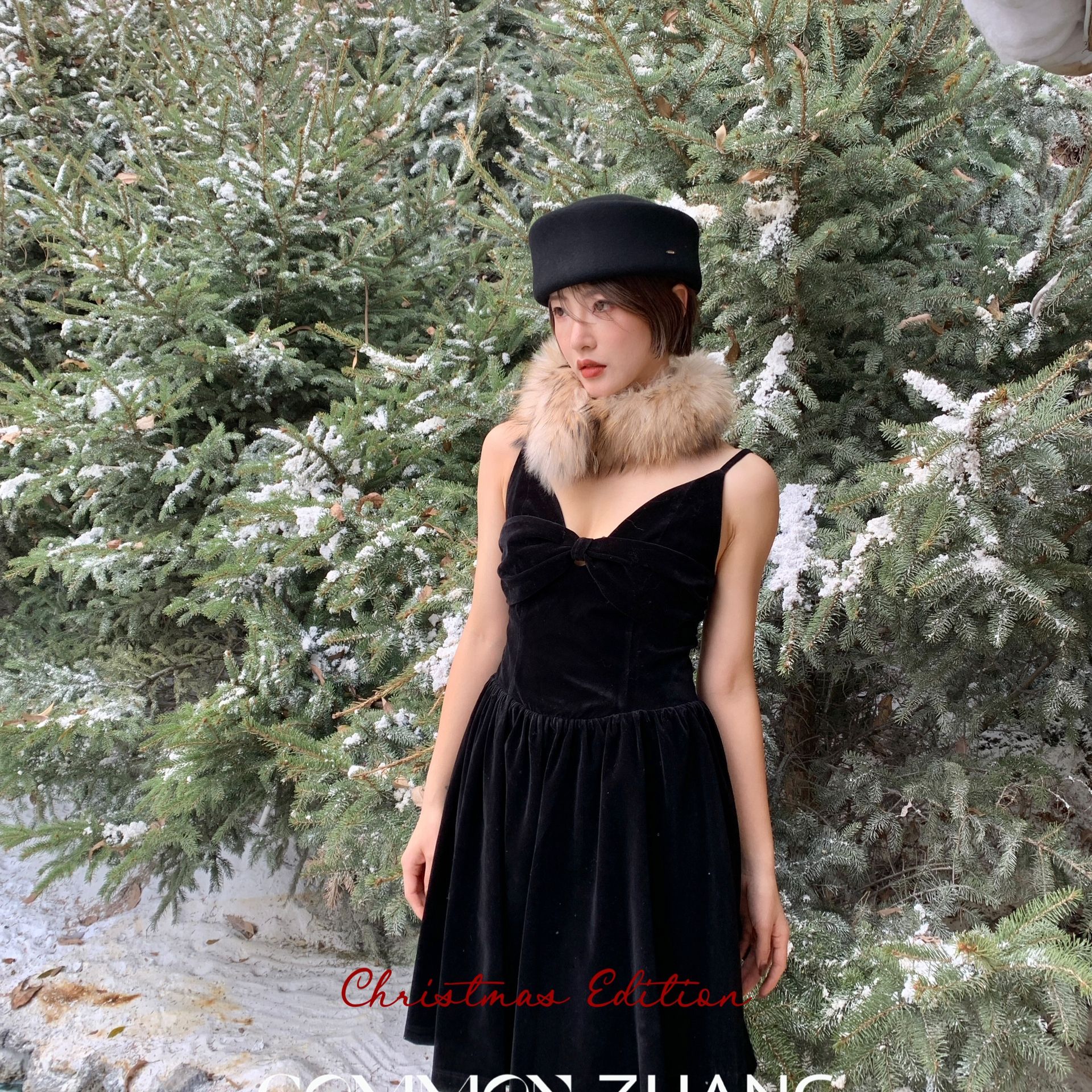 CZ ZHANG-绒高级感蝴蝶结小黑裙气质收腰叠穿a字吊带连衣裙36469