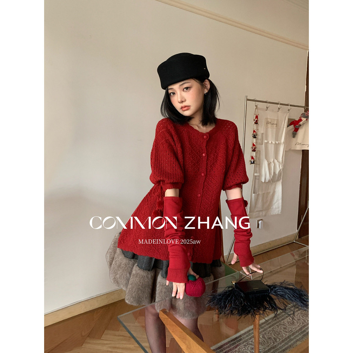 CZ ZHANG圣诞款红色羊毛针织开衫女甜美氛围感毛球绑带毛衣B45333