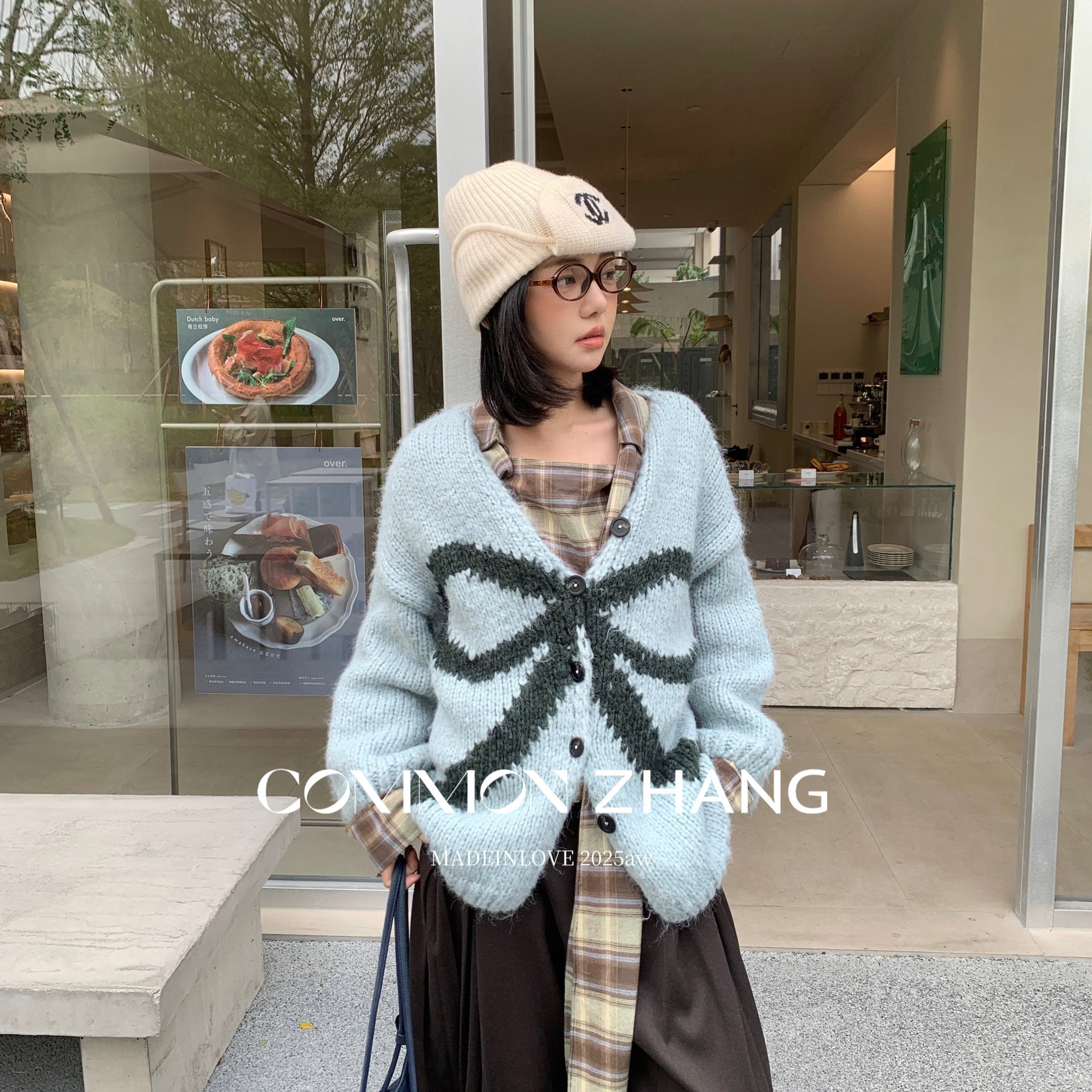 CZ ZHANG-韩版慵懒风宽松俏皮蝴蝶结羊毛开衫毛衣（含20羊毛）451