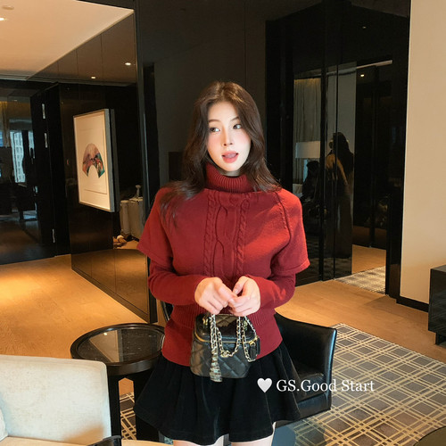 GS.GOOD START-富家女秋冬气质高领麻花短袖毛衣+打底衫套装G7657