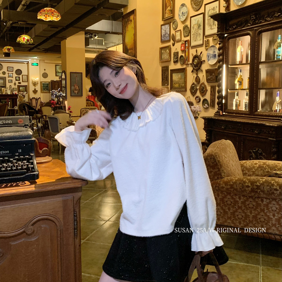 SUSAN-原创️连锁订单款韩系气质温柔荷叶边软糯针织衫TW918